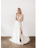 Beaded Ivory Lace Chiffon Slit Flowing Dreamy Wedding Dress